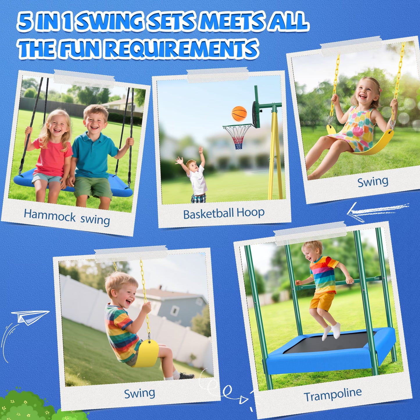 Metal Swing Sets for Backyard, Heavy-Duty Outdoor Kids Playsets for Playground,Outside Toys with Trampoline, Platform Swing, 2 Swings and Basketball Hoop for Aged 3-12