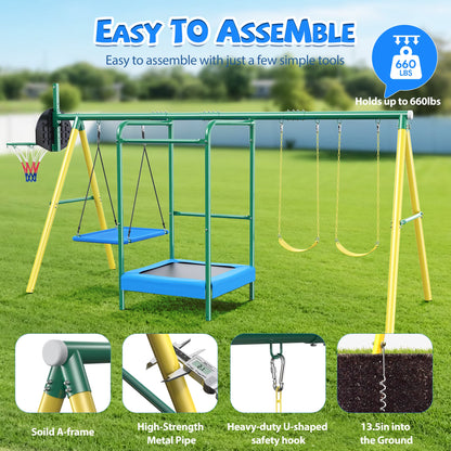 Metal Swing Sets for Backyard, Heavy-Duty Outdoor Kids Playsets for Playground,Outside Toys with Trampoline, Platform Swing, 2 Swings and Basketball Hoop for Aged 3-12