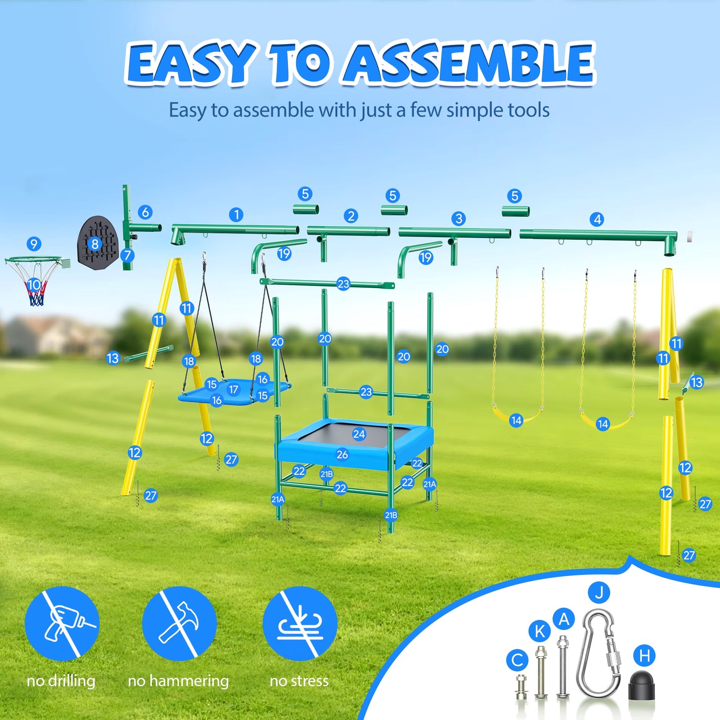 Metal Swing Sets for Backyard, Heavy-Duty Outdoor Kids Playsets for Playground,Outside Toys with Trampoline, Platform Swing, 2 Swings and Basketball Hoop for Aged 3-12