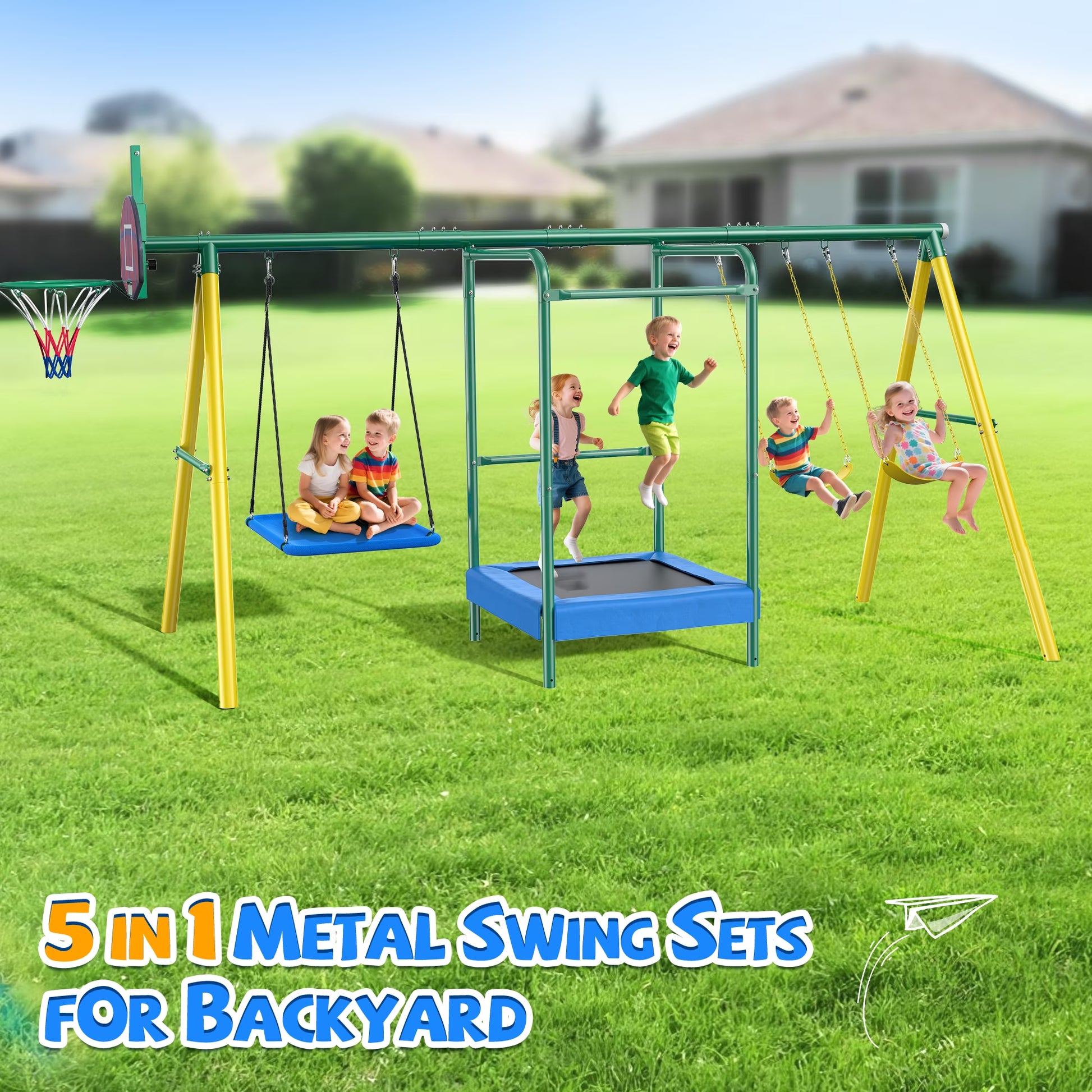 Metal Swing Sets for Backyard, Heavy-Duty Outdoor Kids Playsets for Playground,Outside Toys with Trampoline, Platform Swing, 2 Swings and Basketball Hoop for Aged 3-12