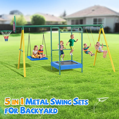 Metal Swing Sets for Backyard, Heavy-Duty Outdoor Kids Playsets for Playground,Outside Toys with Trampoline, Platform Swing, 2 Swings and Basketball Hoop for Aged 3-12