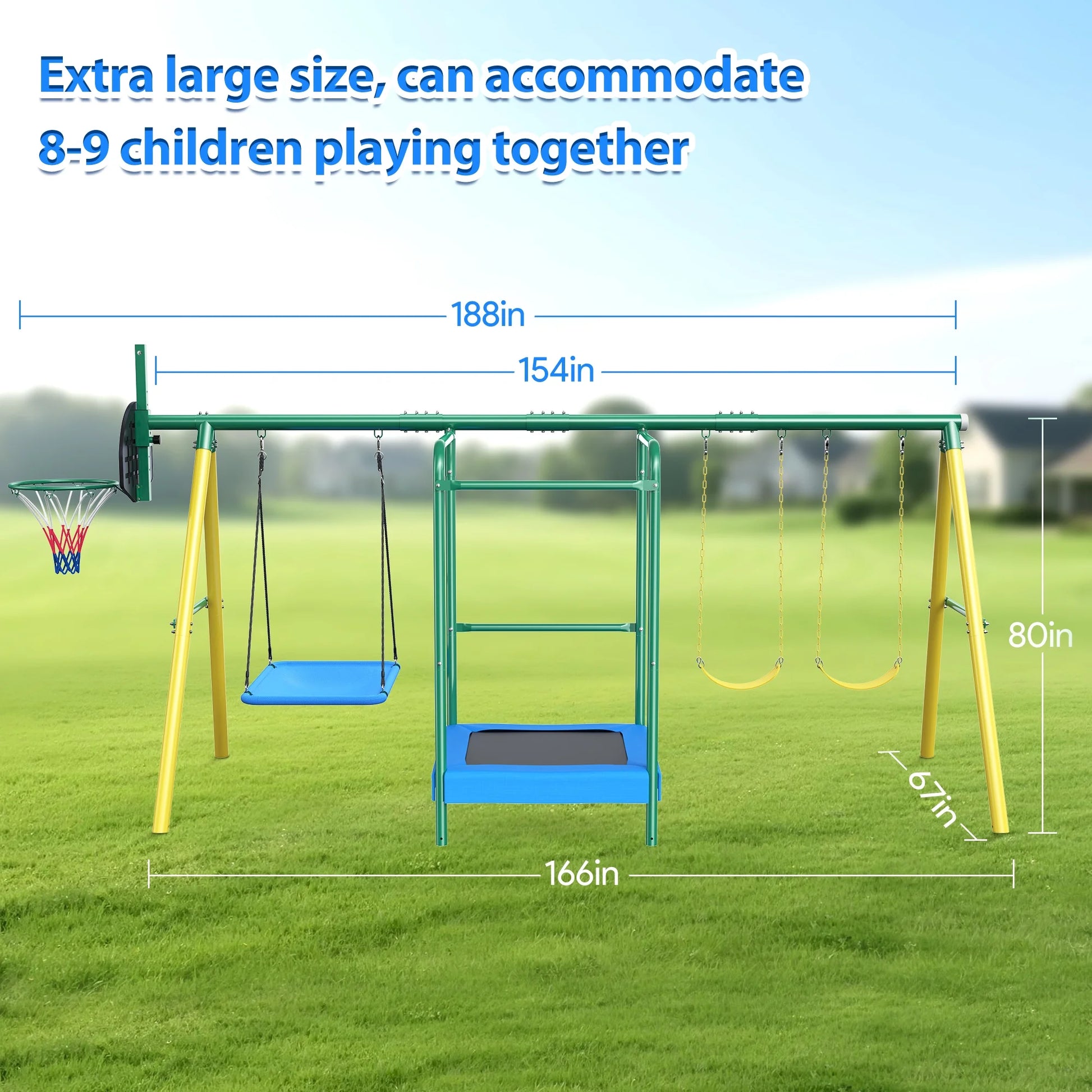 Metal Swing Sets for Backyard, Heavy-Duty Outdoor Kids Playsets for Playground,Outside Toys with Trampoline, Platform Swing, 2 Swings and Basketball Hoop for Aged 3-12