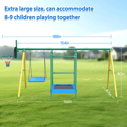 Metal Swing Sets for Backyard, Heavy-Duty Outdoor Kids Playsets for Playground,Outside Toys with Trampoline, Platform Swing, 2 Swings and Basketball Hoop for Aged 3-12