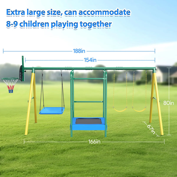 Metal Swing Sets for Backyard, Heavy-Duty Outdoor Kids Playsets for Playground,Outside Toys with Trampoline, Platform Swing, 2 Swings and Basketball Hoop for Aged 3-12