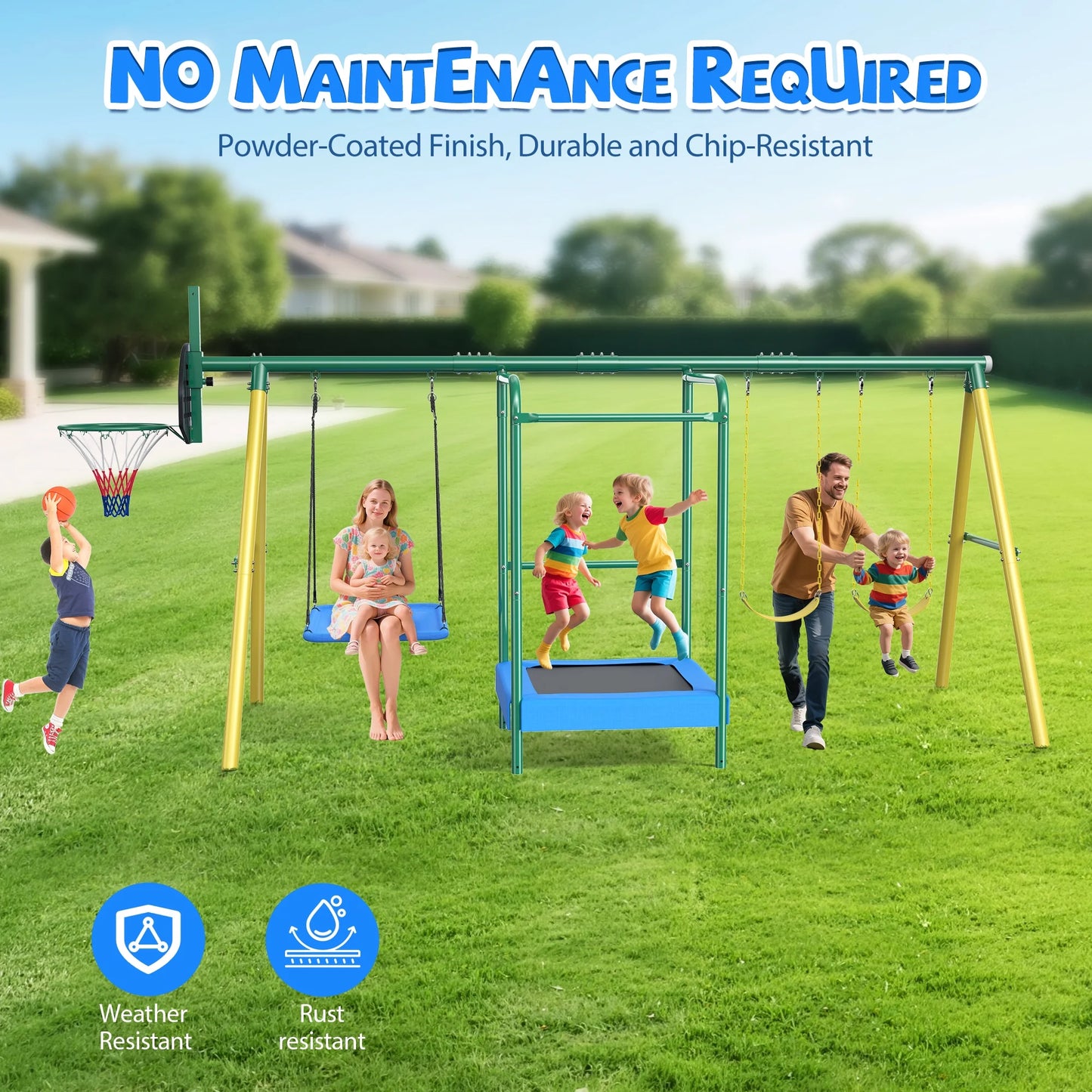 Metal Swing Sets for Backyard, Heavy-Duty Outdoor Kids Playsets for Playground,Outside Toys with Trampoline, Platform Swing, 2 Swings and Basketball Hoop for Aged 3-12