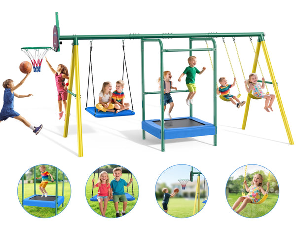 Metal Swing Sets for Backyard, Heavy-Duty Outdoor Kids Playsets for Playground,Outside Toys with Trampoline, Platform Swing, 2 Swings and Basketball Hoop for Aged 3-12
