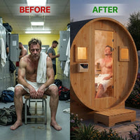 Outdoor Traditional Sauna, 4-6 Person Wooden Sauna, Steam Wet Wood Sauna with 220V with 6KW Heater, Sauna Stone, Thermometer — Before & After