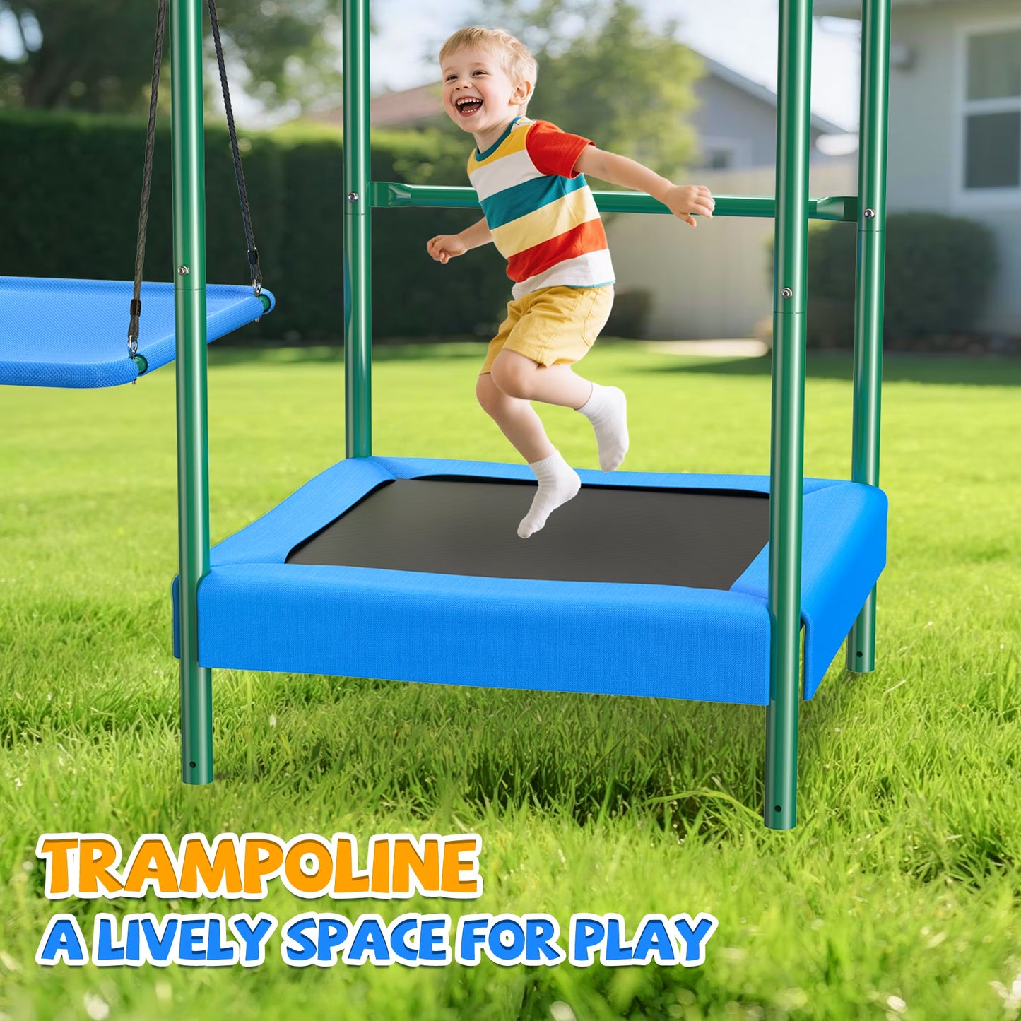 Metal Swing Sets for Backyard, Heavy-Duty Outdoor Kids Playsets for Playground,Outside Toys with Trampoline, Platform Swing, 2 Swings and Basketball Hoop for Aged 3-12