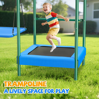 Metal Swing Sets for Backyard, Heavy-Duty Outdoor Kids Playsets for Playground,Outside Toys with Trampoline, Platform Swing, 2 Swings and Basketball Hoop for Aged 3-12