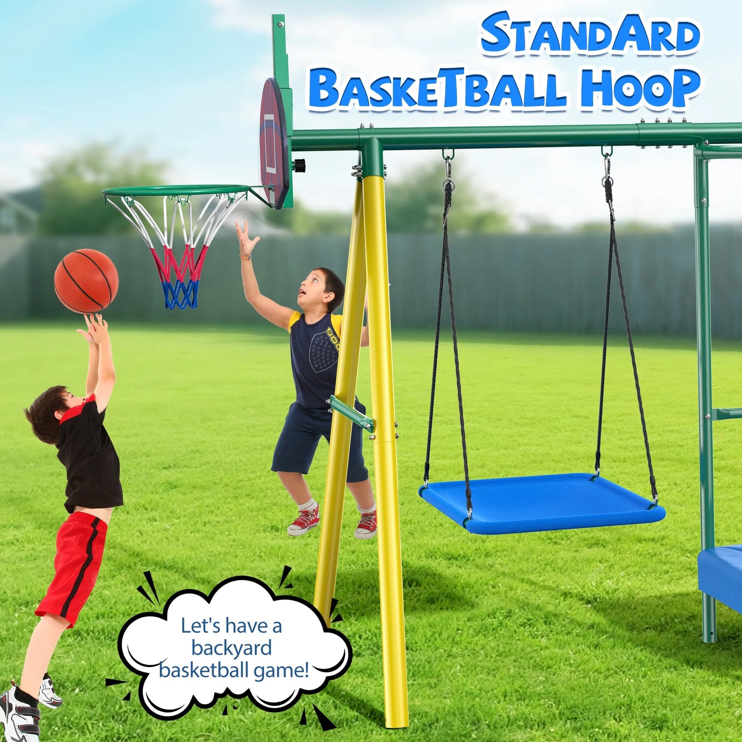 Metal Swing Sets for Backyard, Heavy-Duty Outdoor Kids Playsets for Playground,Outside Toys with Trampoline, Platform Swing, 2 Swings and Basketball Hoop for Aged 3-12
